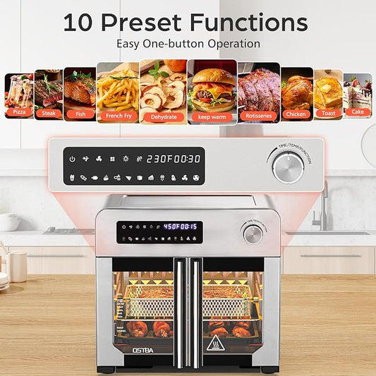 OSTBA French Door Air Fryer Toaster Oven Combo, Airfryer Convection Oven Countertop 10-in-1 Combo, 30% Faster 90% Less Oil, 102 Recipes & 7 Accessories Included 24 QT Stainless Steel
