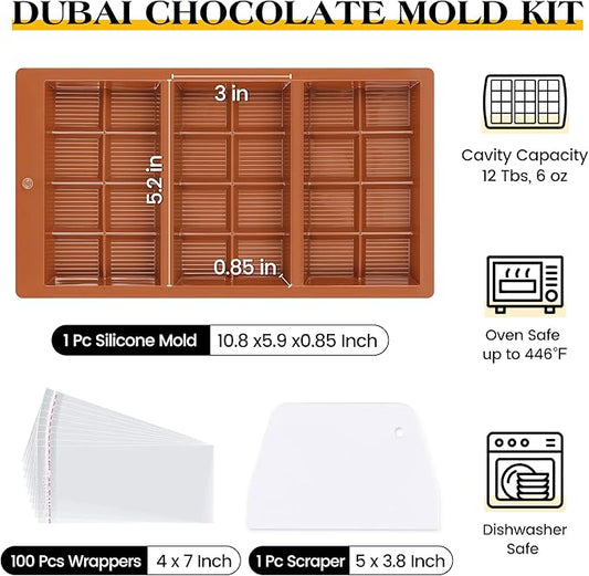 1 Pc Chocolate Bar Mold Deep Dubai 0.85 Inch Stuffed Large Chocolate Molds Silicone Break Apart Thick Silicone Molds for Candy Bar, With 100 Pcs Wrappers and 1 Pc Scrapers Set (8 Snap)