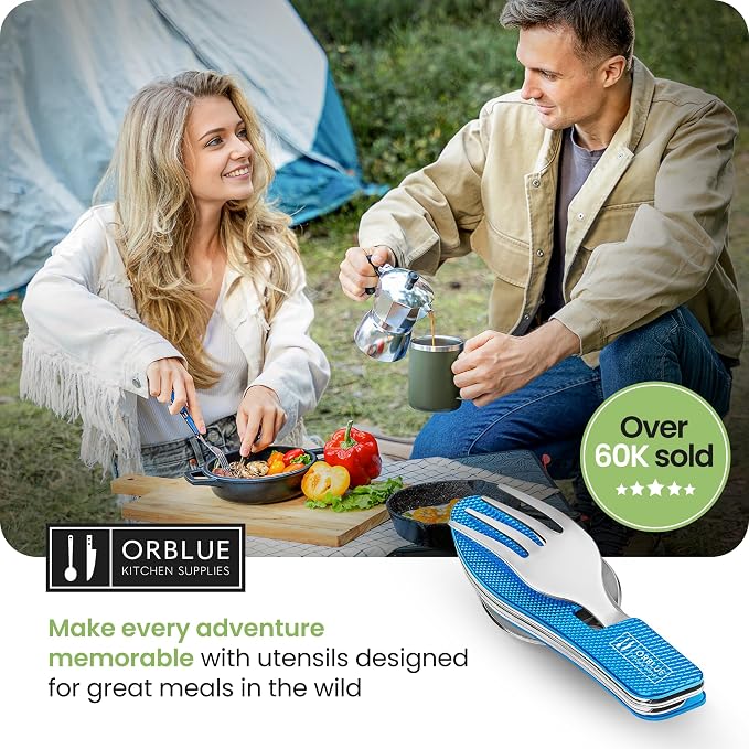 Orblue 4-in-1 Camping Utensils, 1-Pack, Portable Stainless Steel Spoon, Fork, Knife & Bottle Opener Combo Set - Travel, Backpacking Cutlery Multitool, Blue