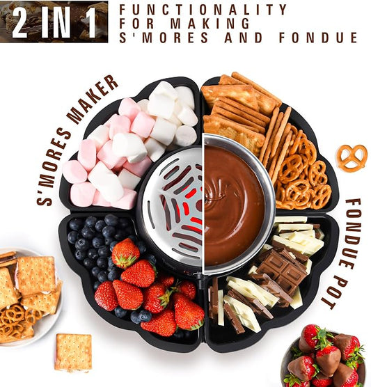2 in 1 Electric S’mores Maker & Fondue Pot, Tabletop Indoor Smores kit with 4 Roasting Forks, 4 Detachable Trays & 1 Flameless Temperature-controlled Heater, Movie Night Supplies & Housewarming Gifts