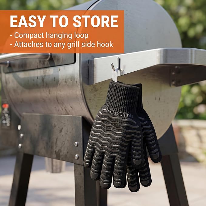 BBQ Gloves 1472°F Heat Resistant Oven Gloves with Fingers Heat Proof Grill Gloves Non-Slip Silicone Oven Mitts for Kitchen Cooking Grilling Baking Smoking Black