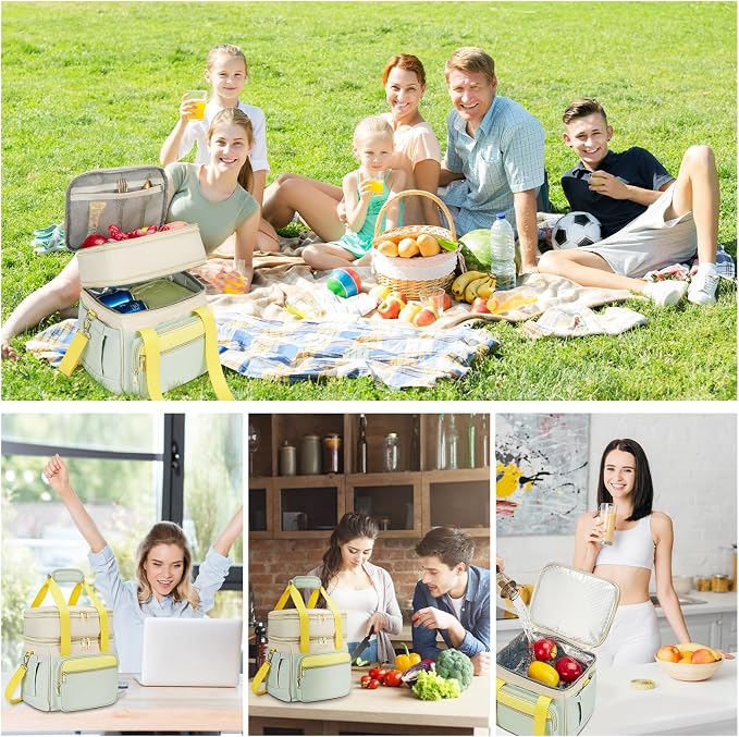 holuxer Insulated Lunch Bag & Lunch Box for Women - Double Deck Reusable Lunch Bag for men Tote Cooler Bag Leakproof Soft Expandable - Large Lunchbox for Work/Adult/Picnic/Outdoor (Green,15L)