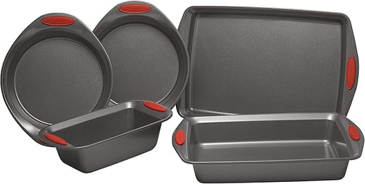 Rachael Ray Nonstick Bakeware with Grips includes Nonstick Bread Pan, Baking Pan, Cake Pans and Cookie Sheet / Baking Sheet - 5 Piece, Gray with Red Grips