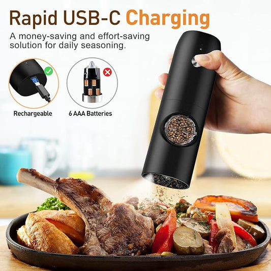 Electric Salt and Pepper Grinder Set, Rechargeable Automatic Salt and Pepper Shakers, Adjustable Coarseness Pepper Grinder with Led, Kitchen Appliances Gifts for Mom(Blackblack)