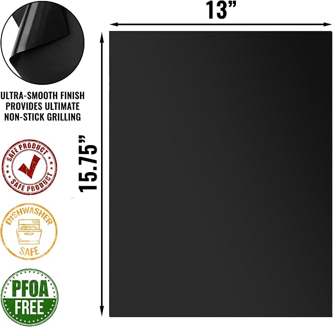 Grillaholics Reusable Non-Stick Grill Mats for Outdoor Grill | Set of 2 | Rated to 500°F | Doubles as Baking Mat & Oven Liner | Dishwasher Safe