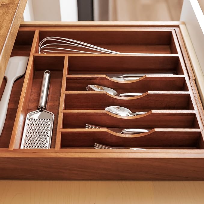 KitchenEdge Premium Silverware, Flatware and Utensil Organizer for Kitchen Drawers, Food-Safe Contract Grade, Expandable from 16 to 28 In, Natural Acacia
