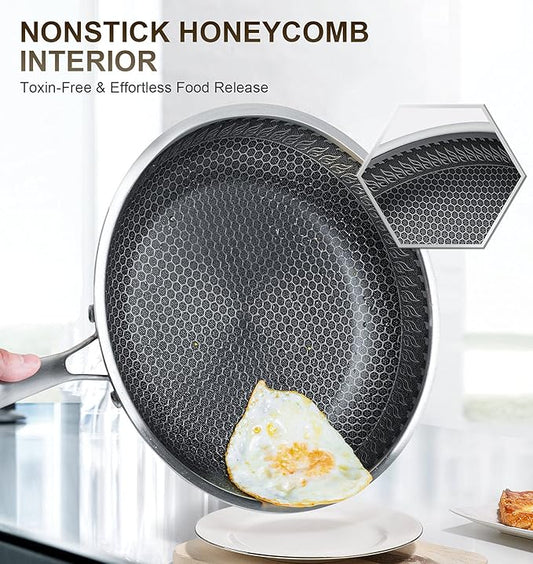 MICHELANGELO Stainless Steel Frying Pan Set with Lids, 9.5 & 11 Inch Frying Pans Nonstick, Stainless Steel Fry Pan Set, Honeycomb Pans for Cooking, Skillet with Lid - Induction Compatible
