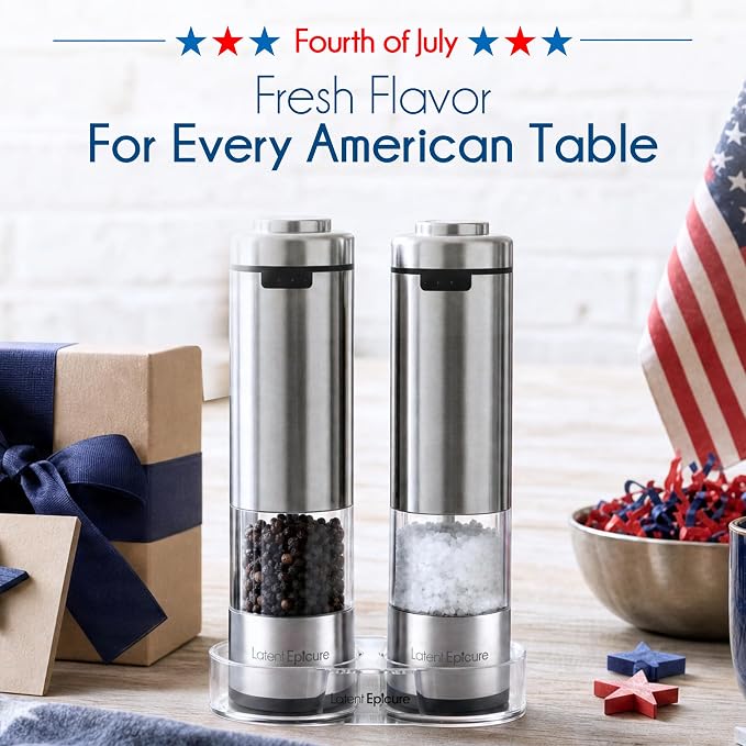 Latent Epicure Electric Salt and Pepper Grinder Set, USB-C Rechargeable | Stainless steel mills with LED light, Adjustable ceramic grinders, One-handed use, Rest tray & gift box included