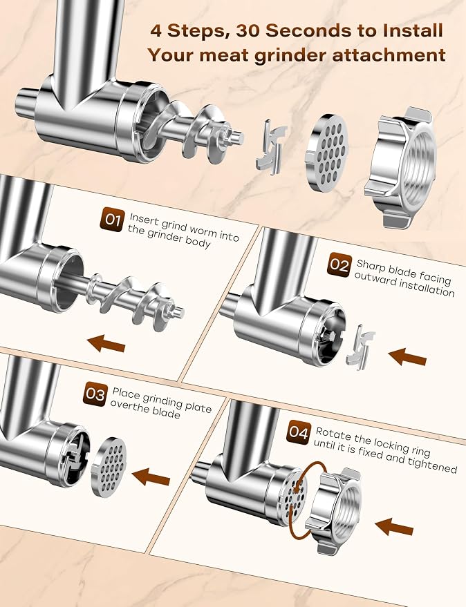 100% Polished Stainless Steel Meat Grinder Attachment for KitchenAid Mixer, Dishwasher Safe Food Grinder Attachment Anti-Corrosion, 18-Piece Set Includes 3 Seamless Sausage Stuffers, 4 Grinding Plates