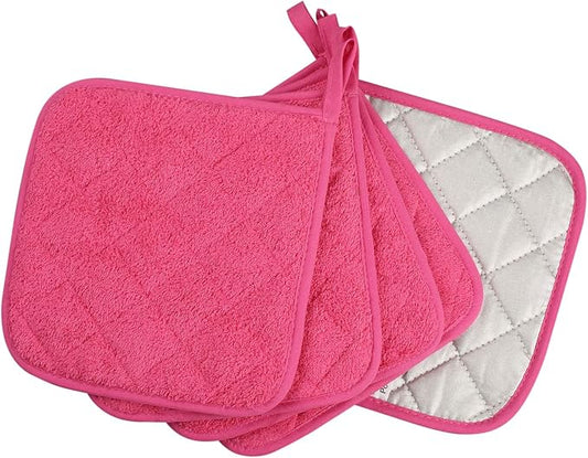 100% Cotton Kitchen Everyday Basic Terry Pot Holder Heat Resistant Coaster Potholder for Cooking and Baking Set of 5 (Dark Pink)