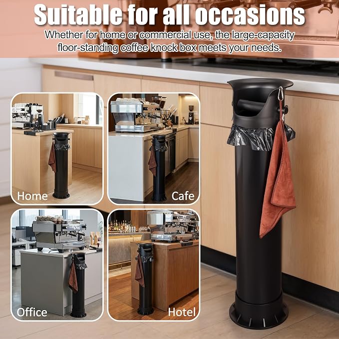 HOMEE 18L Floor Standing Espresso Coffee Knock Box with 25 Garbage Bags | Large Capacity & Detachable, Non-Slip Base, Easy to Clean, Barista Knock Box with Brush & Towel for Home and Commercial Use