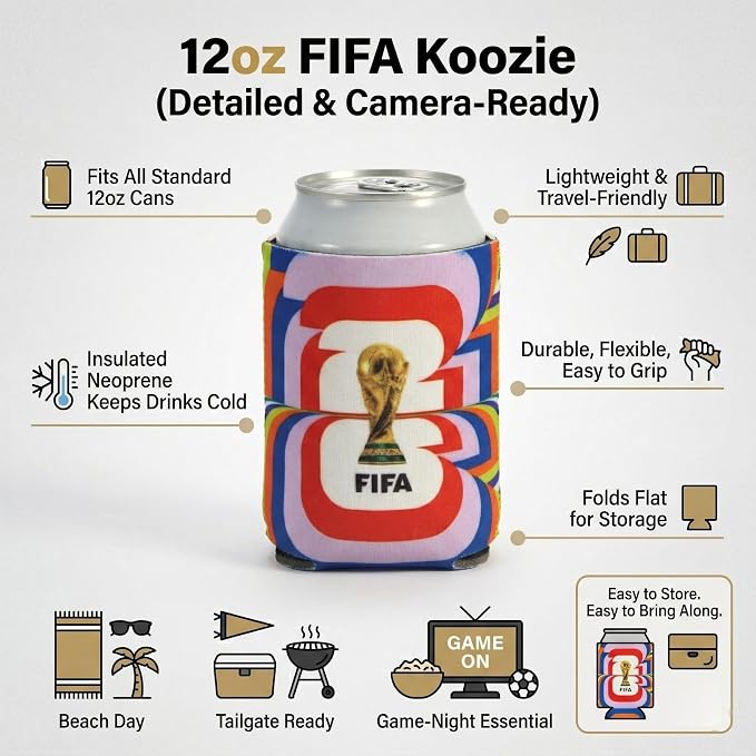 Official 2026 FIFA World Cup - Insulated Soda & Beer Can Cooler - Keeps Drinks Colder for Longer - Durable Drink Holder - Crafted for Everyday Use - Perfect for Beach, Pool, Tailgates & Home