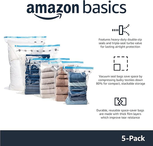 Amazon Basics Vacuum Compression Space Saving Storage Bags with Hand Pump, Large, Pack of 5, Clear