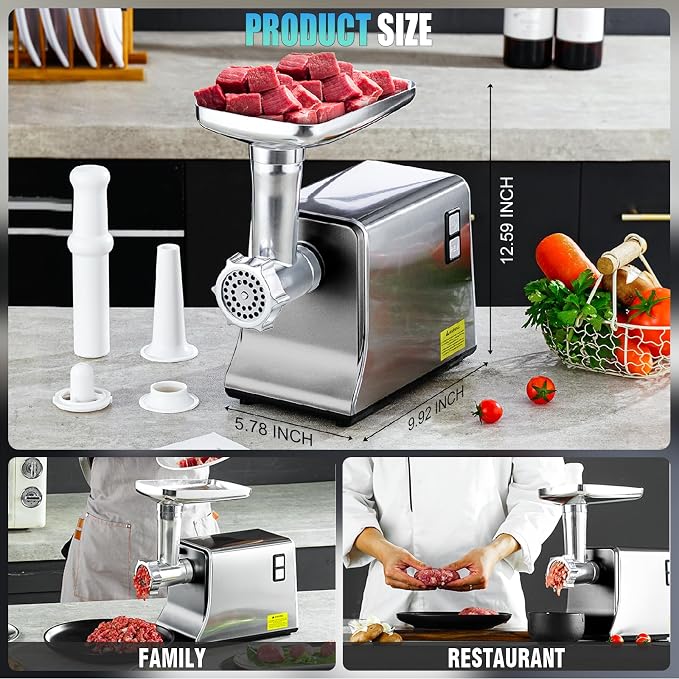 5.0 Upgrade Electric Meat Grinder,3S Grinding,Meat Grinders for Home Use-G | 【3500W Super Motor】【3 Sets 304 Stainless Steel Blade & Plate】Meat Grinder with Kubbe&Sausage Kit Perfect for Kubbe,Sausage