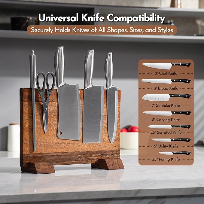 Double-Sided Magnetic Knife Block โ 13.8.5 x 9.1 Inch Walnut Wood Knife Holder with 24 Powerful Magnets, Universal Knife Storage Stand with Non-Slip Base & Sharpening Rod