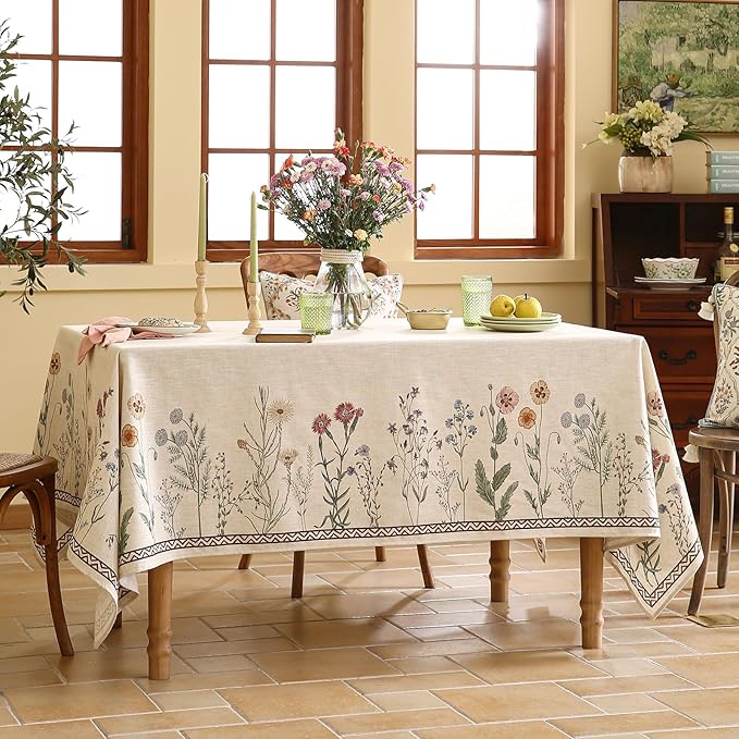 ISAENNE Designer Off White Linen Small Square Tablecloth,Floral Elegant Table Cloth,Stain Resistant Vintage Decor Tablecloths for Dining Thanksgiving Kitchen Christmas,55"*55"-Serenity G