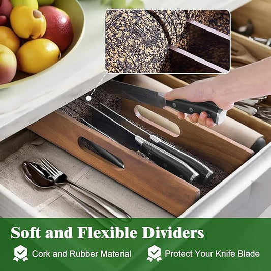 Enoking Knife Drawer Organizer Insert, In Drawer Knife Block, Acacia Wood Knife Holder with Cork Dividers For Kitchen Chef Steak Knife Storage Keep Drawer Tidy (Acacia Wood, 15 x 5.9 x 2.6 In)