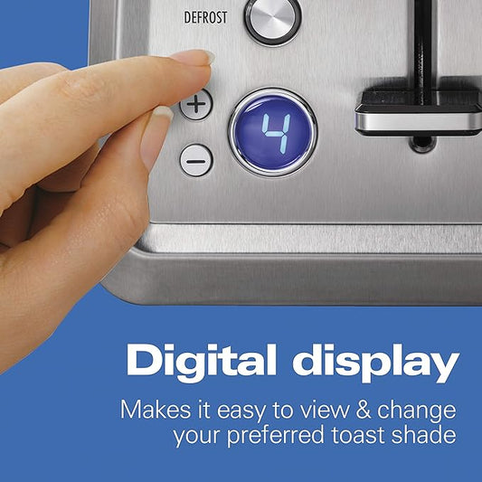 Hamilton Beach 2 Slice Toaster with Extra-Wide Slots, Bagel Setting, Toast Boost, Slide-Out Crumb Tray, Auto-Shutoff & Cancel Button, Digital with Defrost Function, Stainless Steel (22796)