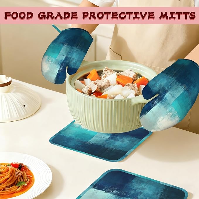 Turquoise Grey Oven Mitts and Pot Holders (4PCS),Teal Modern Art Heat Resistant Non-Slip Silicone Kitchen Gloves for Cooking, Baking, BBQ Waterproof Kitchen Accessories