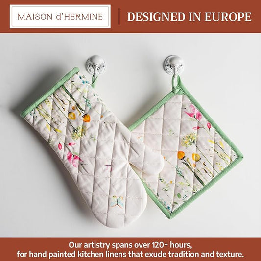 Maison d' Hermine 100% Cotton Oven Mitt & Pot Holder Set (7.5"x13" & 8"x8") | Heat Resistant BBQ Cooking Gloves with Loop Baking Grilling Kitchen Hotel Home Farmhouse Spring Summer - Botanical Fresh