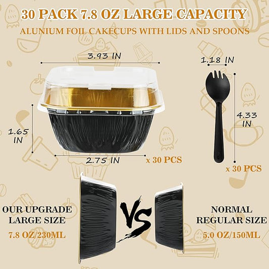 Aluminum Mini Cake Pans With Lids - 30PCS 7.8OZ Foil Baking Cups, Cupcake Liners, Individual Cheesecake Pans for Wedding - Black Gold