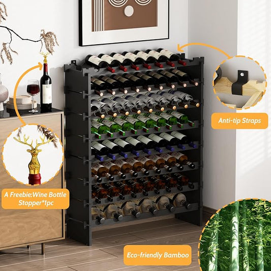 Bamboo Large Wine Rack, 8-Tier Freestanding Floor Bottle Storage Holder | 69-Bottle Storage | Wooden Wine Storage Organizer Shelves for Kitchen Bar, Cellar, & Dining Room | Black | Anti-Tip Kit