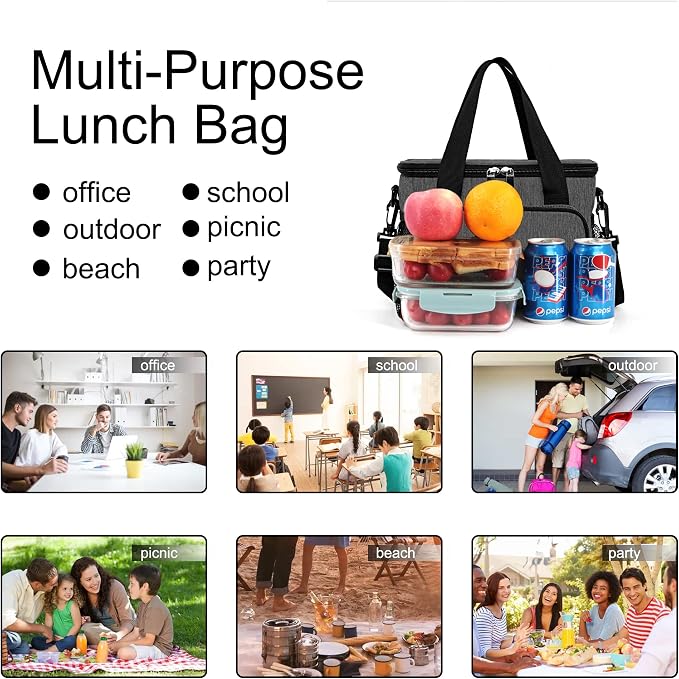 Lunch Bags for Women/Men, Insulated Lunch Bag for Work Office Picnic - Lunch Cooler Bag Leakproof Lunch Box with Adjustable Shoulder Strap - Grey(8.7L)