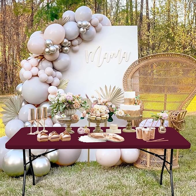 6 Pack Stretch Fabric Table Top Cap Cover, fits 8' Tables, Spandex Table Covers Washable Elastic Rectangle Tablecloth Protector for Indoor Outdoor Party Picnic Wedding, Wine Red, 30" W x 96" L