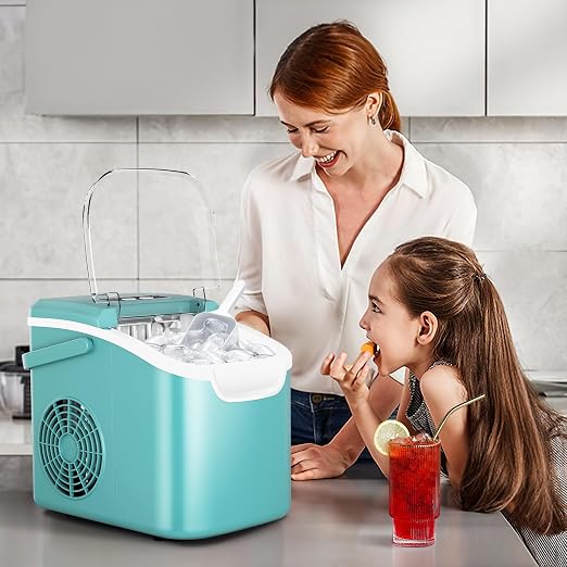 Portable Ice Maker Machine with Handle, 26lbs/24Hrs, 6Mins/8 Ice Cubes, Self-Cleaning with Basket/Scoop, Countertop Ice Makers for Home/Kitchen/Office(Green)