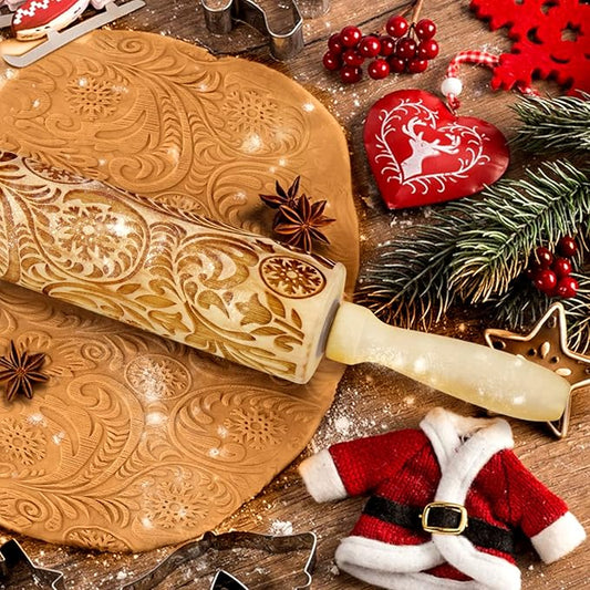 Christmas Gifts Wooden Embossed Rolling Pin for Baking, Stocking Stuffers Gifts for Women, Deep Engraved Embossing Rolling Pins with Snow Pattern Designs for Baking Cookies Stamps Roller DIY Tools