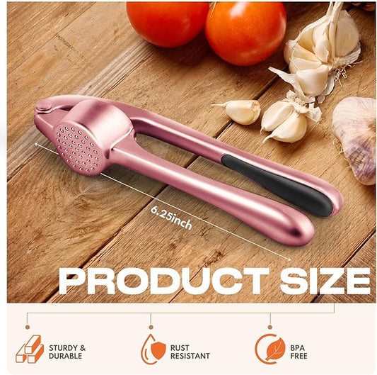 Kitchen Garlic Press, Rust Proof & Dishwasher Safe Garlic Mincer, Durable Garlic Crusher Set with Peeler&Brush, Easy to Clean and Squeeze, Rose