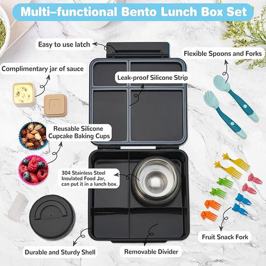 Bento Lunch Box with 9.5 oz Soup Thermo, Kids Leakproof 4 Compartments Bento Box with Silicone Cupcake,Fruit Fork,Spoon and Sauce Cup,Insulated Food Jar for School Travel-Game