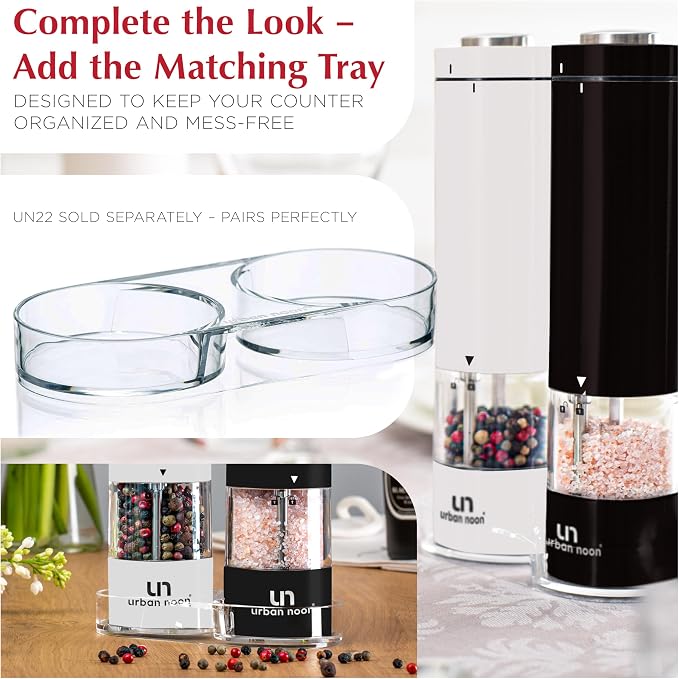 urban noon Electric Salt and Pepper Grinder Set (2 Mills, 8.1" Tall) - One-Handed Push-Button Mills with LED Light, Adjustable Ceramic Coarseness, Gift-Ready Box, 1-Year Warranty - Black & White