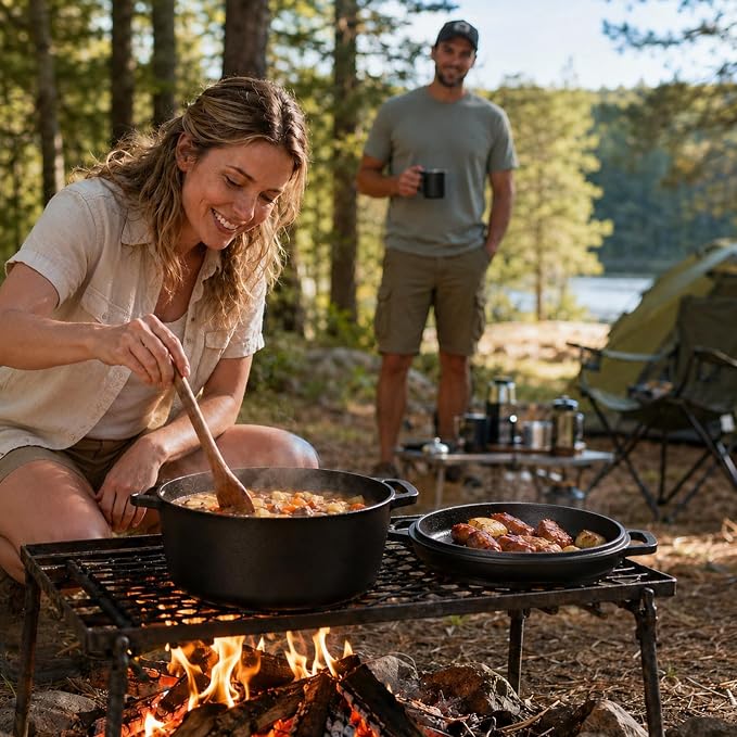 Overmont 5QT Double Dutch Oven - 2-in-1 Pre-Seasoned Cast Iron Pot & Recipe | Skillet Lid Doubles as Frying Pan, Heavy Duty Cast Iron Pot with Handle Covers, for Sourdough Baking Frying Outdoor Camping