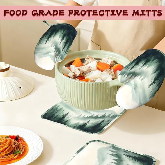 Misty Forest Mountain Heat-Resistant Silicone Oven Mitts and Pot Holders,Long Oven Gloves with Non-Slip Grip for Cooking, Baking, Grilling,BBQ