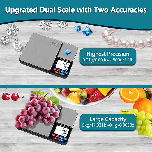 Dual Platform Digital Kitchen Scale, USB Rechargeable, 11lbs/5kg with 0.1g Precision & 500g with 0.01g Precision, with Tare & Accumulation, for Baking, Cooking, Jewelry, and Weight Loss