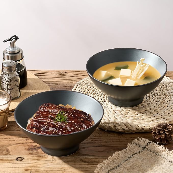 Ceramic Japanese Ramen Bowl Set, 8 Inch Large Noodle Bowl Set of 2, Dishwasher Safe for Asian Pho Udon Soba Noodle, Salad Pasta, Deep Soup Bowls, Black Reactive Metallic Color