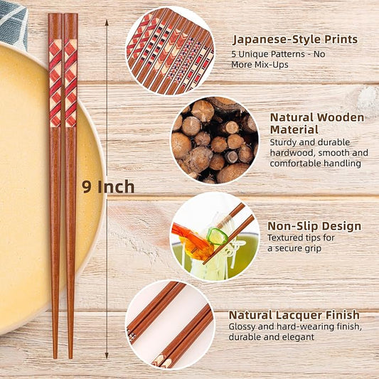 Antner Handmade Japanese Chopsticks Reusable Natural Wooden Chopstick with Box, 5 Pairs Gift Set