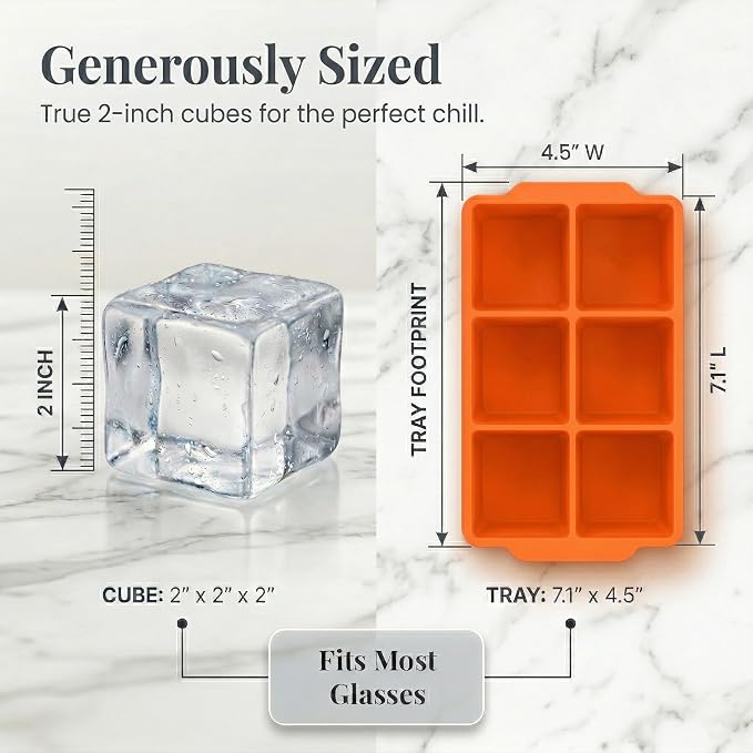 KitchFort® Large Silicone Ice Cube Tray (2-Pack), Easy Release 2" Big Ice Cubes - Cocktail, Whiskey Ice Cubes Mold - Ice Trays for Freezer with Lid - Stackable Silicone Ice Tray - Orange