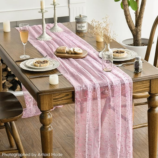 Artoid Mode 3PCS Pink Gold Gauze Table Runner 120 Inch 10FT, Glitter Metallic Foil Sheer Dining Wedding Anniversary Holiday Table Decor for Home Party