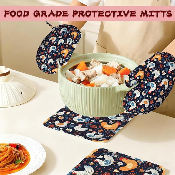 Cute Roosters Hens Chicks Heat-Resistant Silicone Oven Mitts and Pot Holders,Flower Field Long Oven Gloves with Non-Slip Grip for Cooking, Baking, Grilling,BBQ