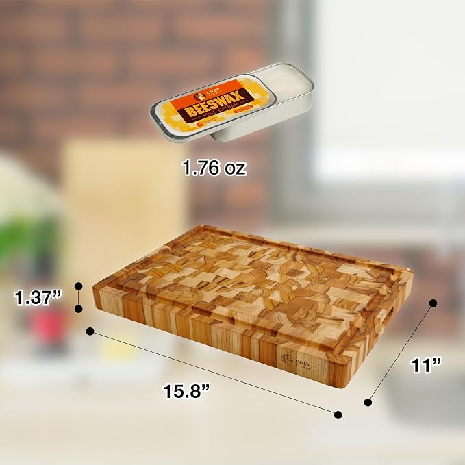 Large Teak Wood Cutting Board, End Grain Butcher Block for Kitchen, Big Wooden Kitchen Christmas, Thanksgiving Gifts for Hostess, Reversible, Hand Grips, Size 15.8x11x1.37 inch
