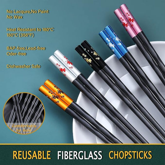 Fiberglass Chopsticks Series - Japanese Non-Slip Chopstick, Reusable Chop Sticks Dishwasher Safe, 5 Pairs, Gift Set, 9.9 Inches,Golden Fish