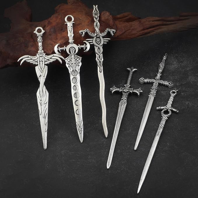 6PCS Sword Hair Pins for Women, Metal Hair Sticks Set, Decorative Hair Pins for Bun Updo, Fantasy Gothic Medieval Renaissance Hair Accessories, Hair Sticks for Long Thick Hair