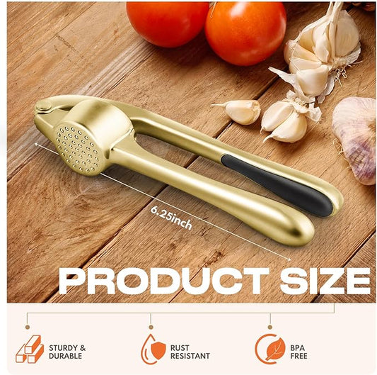 Kitchen Garlic Press, Rust Proof & Dishwasher Safe Garlic Mincer, Durable Garlic Crusher Set with Peeler&Brush, Easy to Clean and Squeeze, Gold