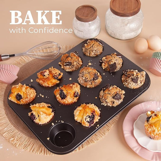 CARTMAN 1 Muffin Pan with 200 Cupcake Liners, Nonstick 12-Cup Muffin Tin, Carbon Steel Cupcake Pan for Baking Muffins, Egg Bites, Brownies & More