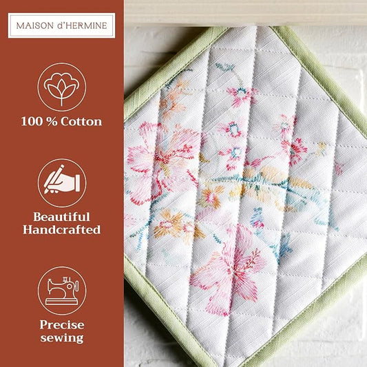 Maison d' Hermine Pot Holders 100% Cotton Potholders (8" x 8", Pack of 1) | Heat Resistant Hot Pads with Loop BBQ Cooking Baking Farmhouse Kitchen Handling Hot Pans Spring Summer - Paradise Island