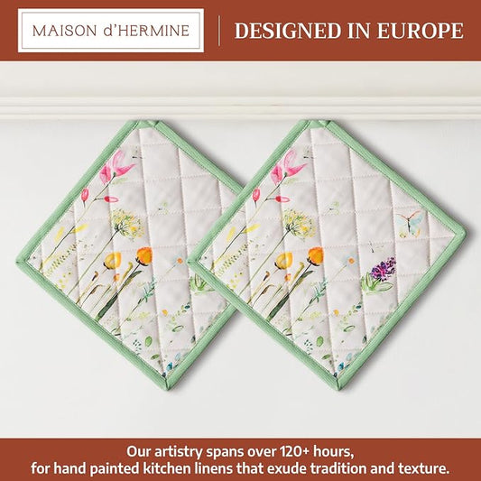 Maison d' Hermine Pot Holders 100% Cotton Potholders (8" x 8", Pack of 2) | Heat Resistant Hot Pads with Loop BBQ Cooking Baking Farmhouse Kitchen Handling Hot Pans Spring Summer - Botanical Fresh