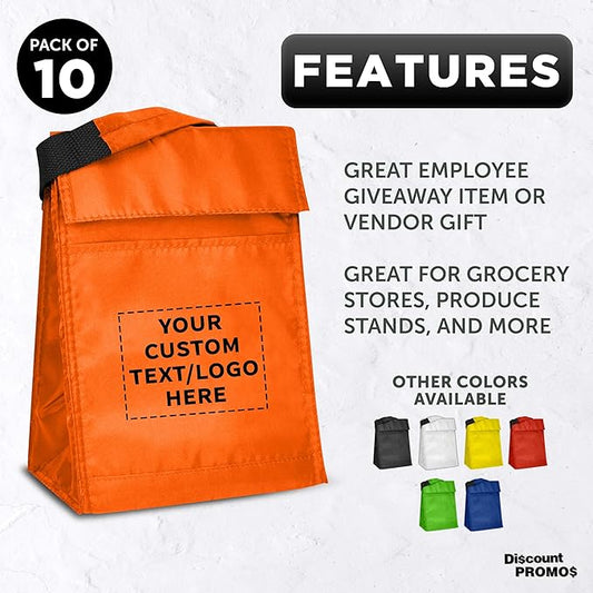 DISCOUNT PROMOS 10 Hook and Loop Insulated Lunch Bags Set - Customizable Text, Logo - Polyester, Durable, Vibrant, Reusable - Orange