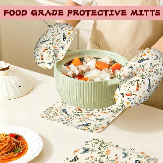 Butterfly Bird Vintage Heat-Resistant Silicone Oven Mitts and Pot Holder 4 Piece Set,Non-Slip Kitchen Oven Gloves for Baking, BBQ, Cooking,Grilling